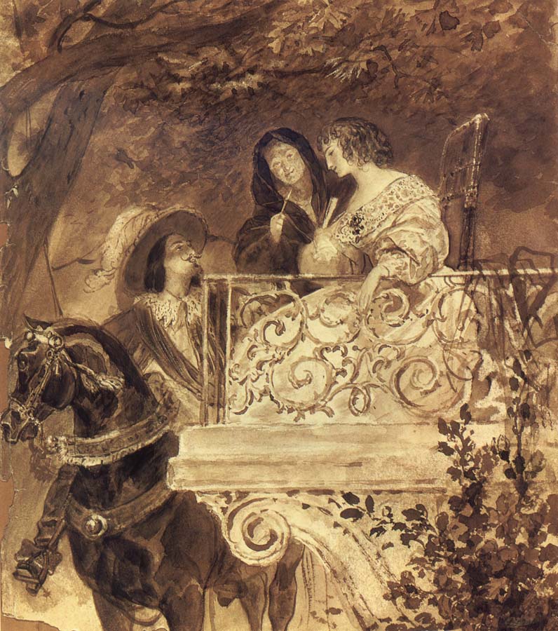 Two ladies on the balcony and a horseman